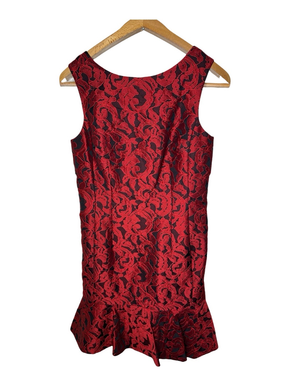 Ann Taylor Jacquard Cocktail Dress Size 8 Red Black Flounce Peplum Hem New - Picture 2 of 12
